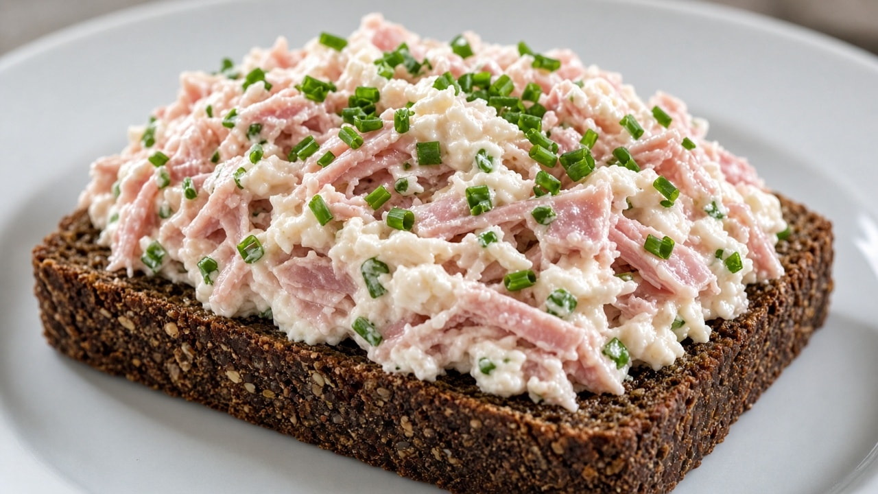 Skinkesalat med hytteost på rugbrød