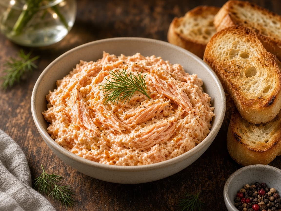 Lakse-rillettes i skål med dild og toast
