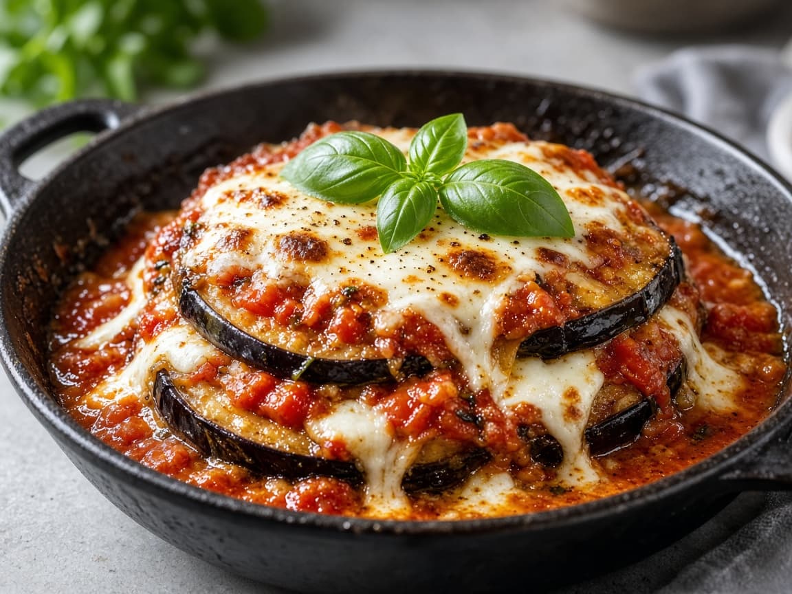Aubergine-stak med mozzarella og tomatsauce på pande