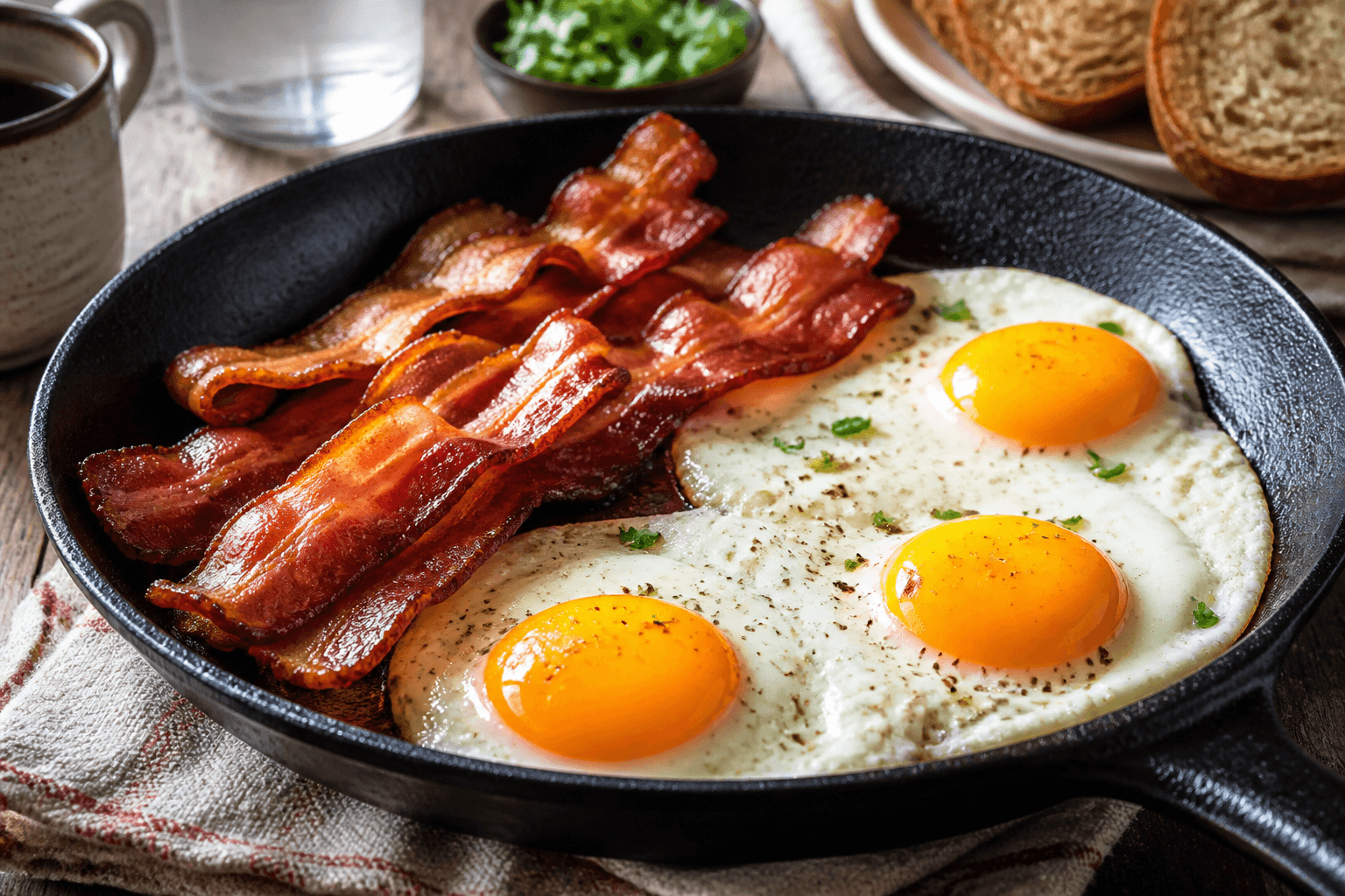Bacon og spejlæg stegt på pande