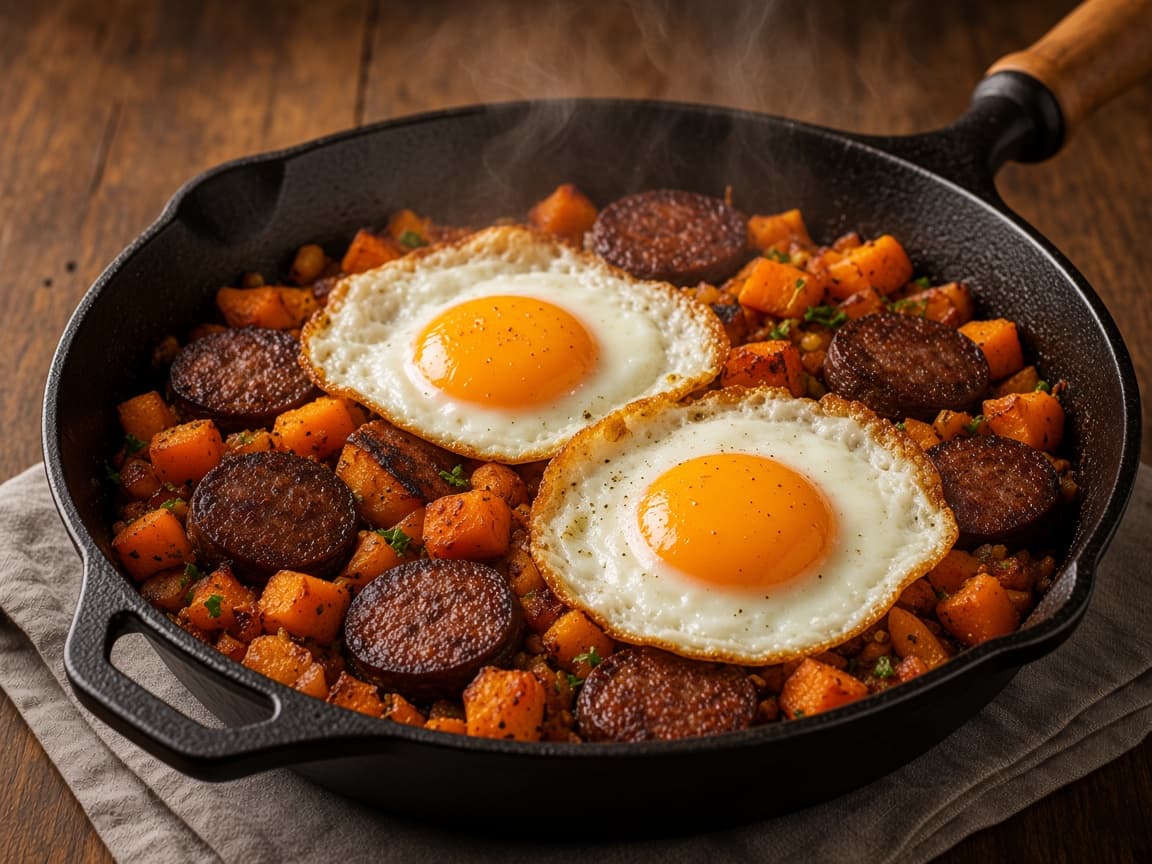 Chorizo-græskar-hash på pande med spejlæg
