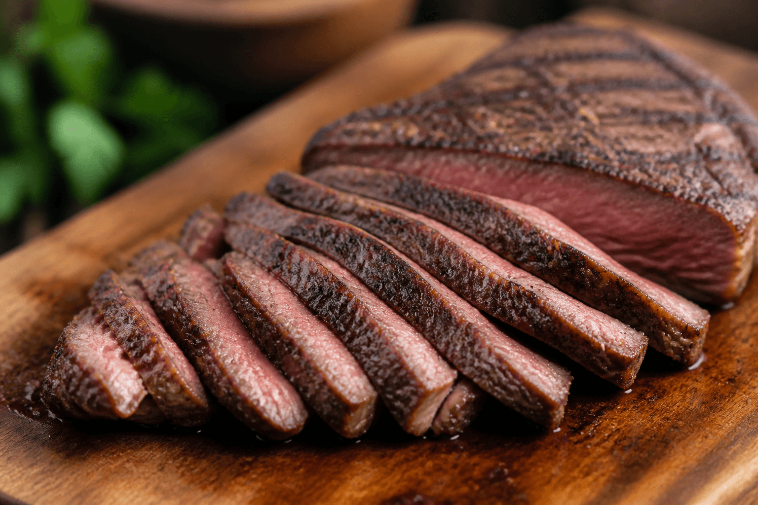 Pandestegt flanksteak skåret på skrå med skorpe
