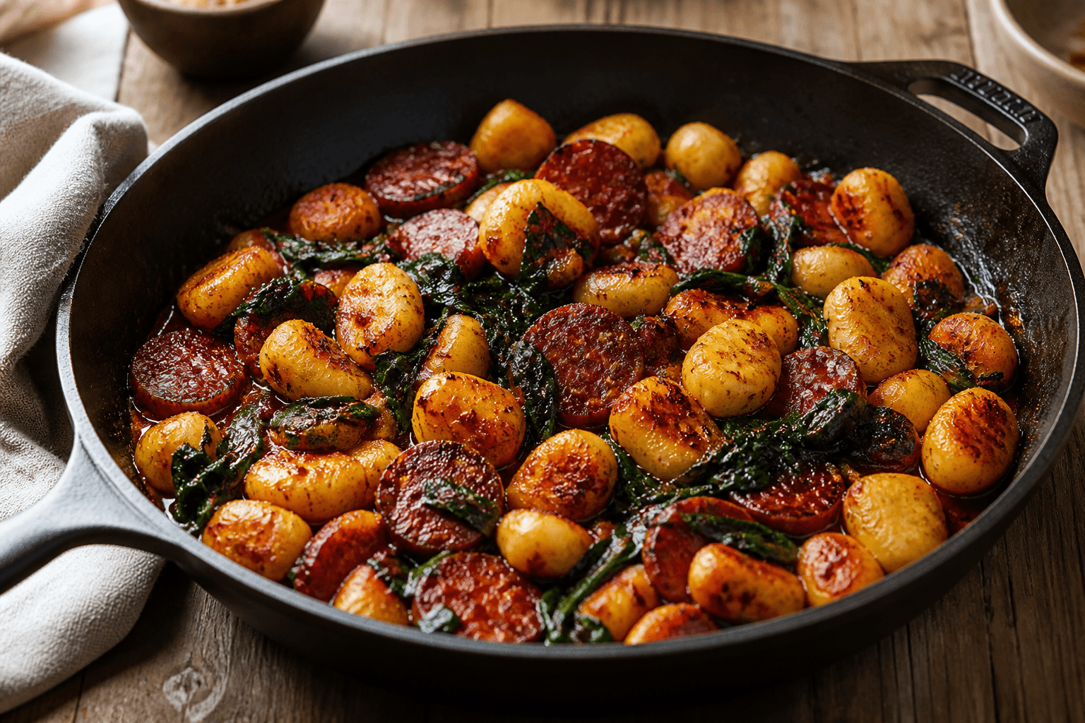Gnocchi med chorizo og spinat på pande