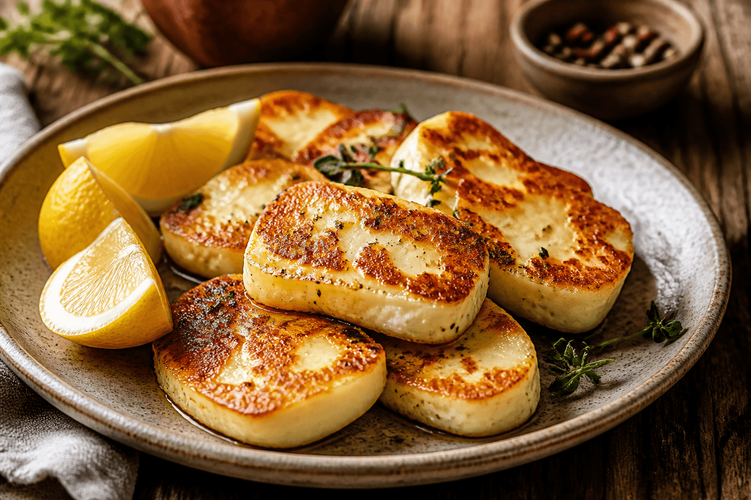 Tykke halloumi-skiver pandestegt med citron