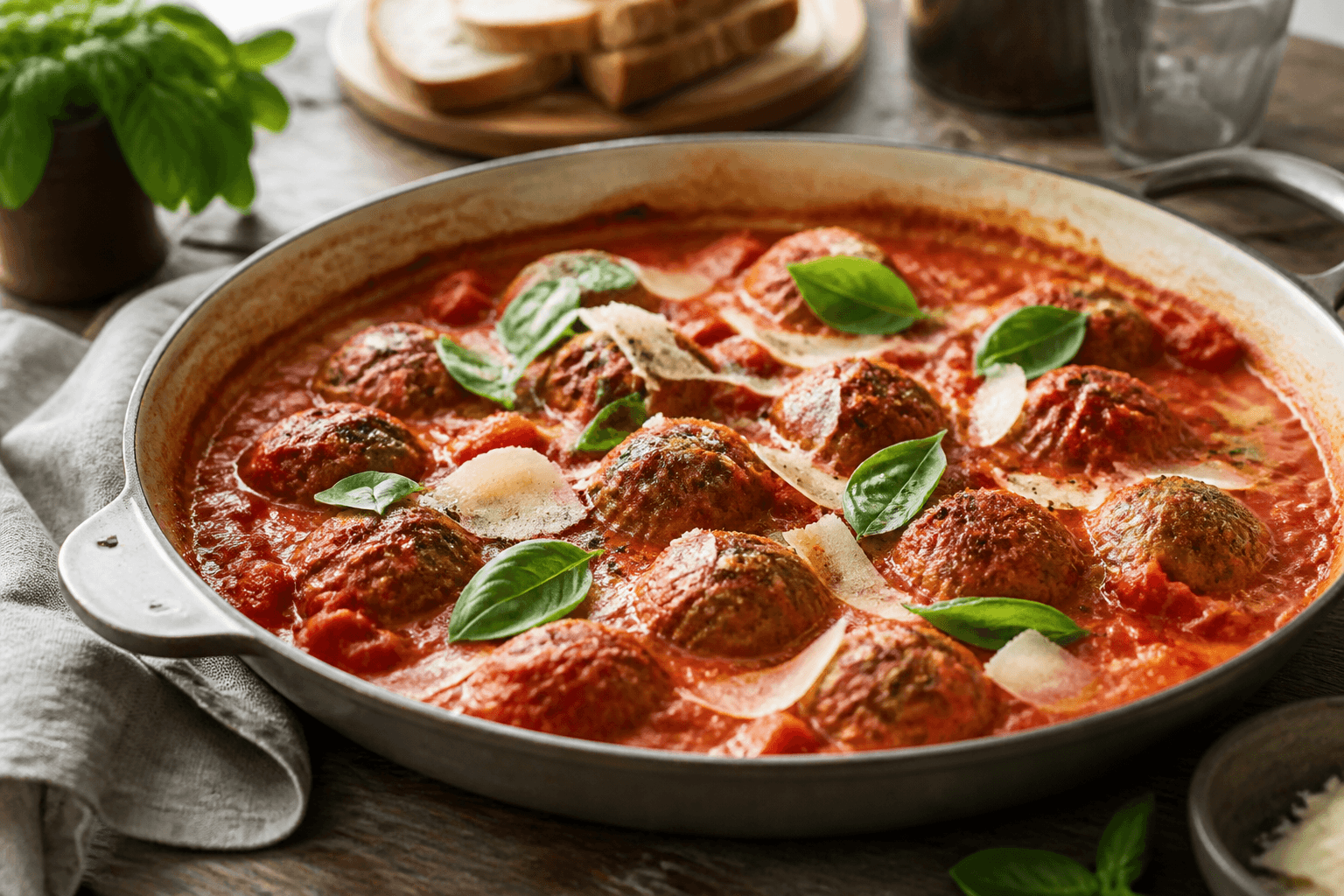 Kødboller i tomatsauce i en bred pande