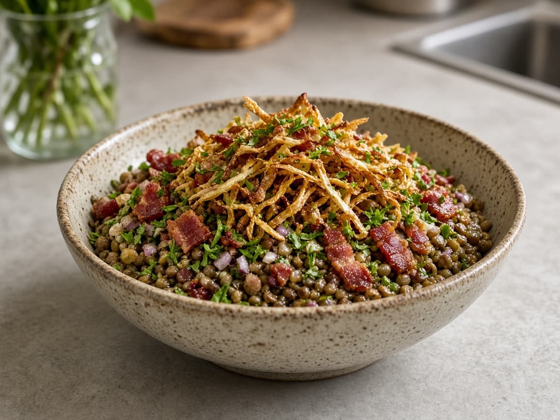Linsecasalat med sprød kål og bacon