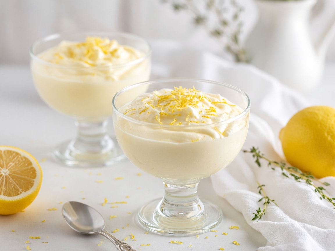 Portioner af luftig citronfromage med citronskal ovenpå