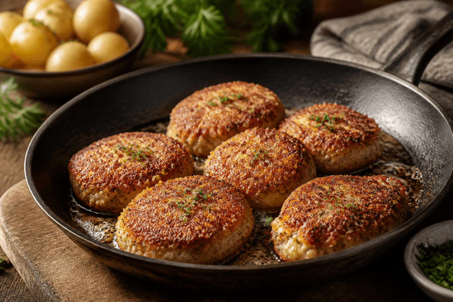 Gyldne makrelfrikadeller stegt i smør