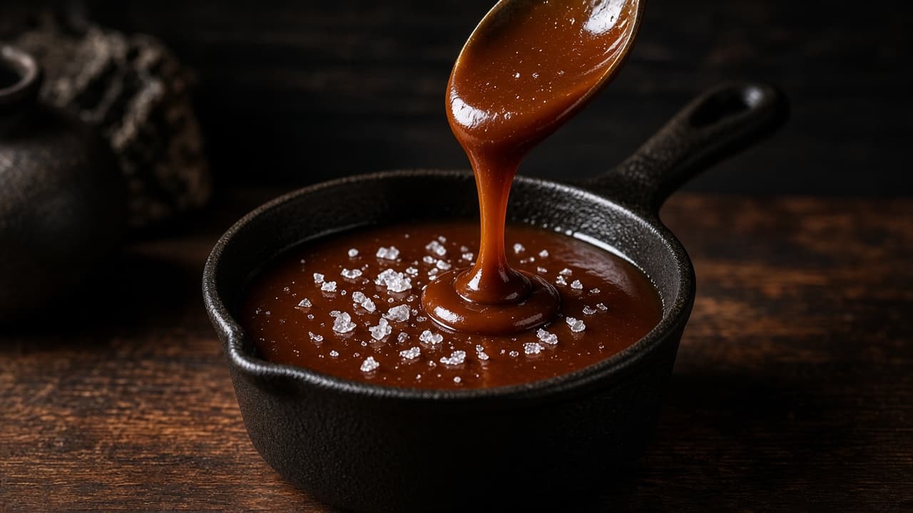Mørk saltkaramelsauce med flagesalt i gryde