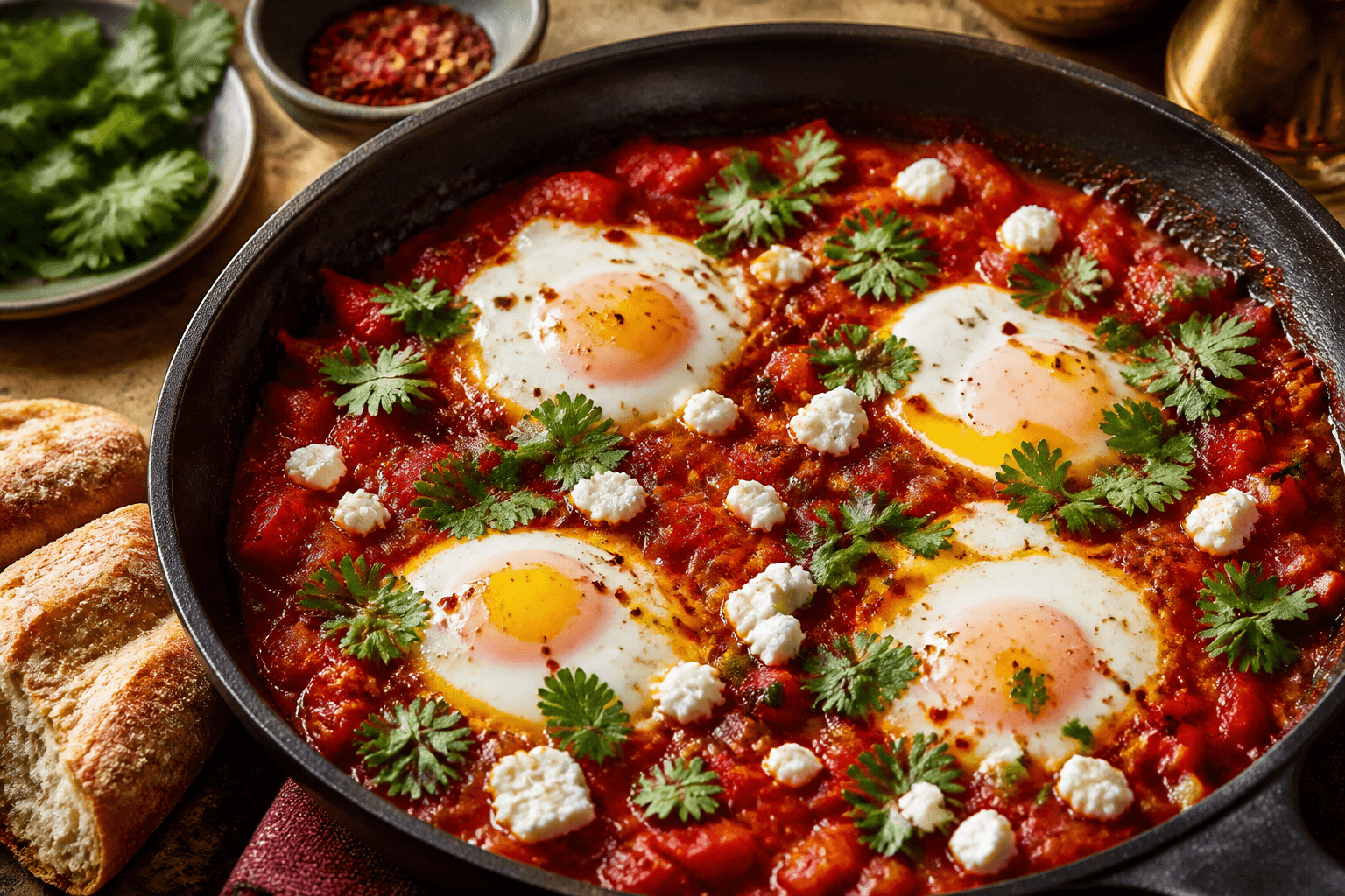 Shakshuka med æg i krydret tomatsauce på pande