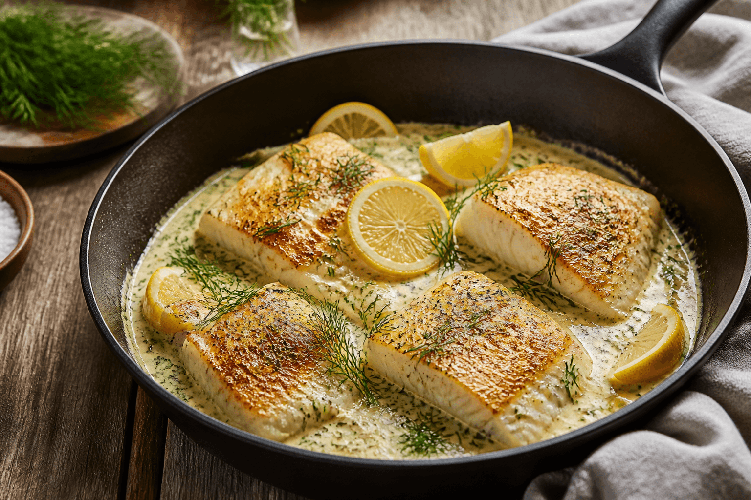 Torskefilet i cremet citronsauce på pande