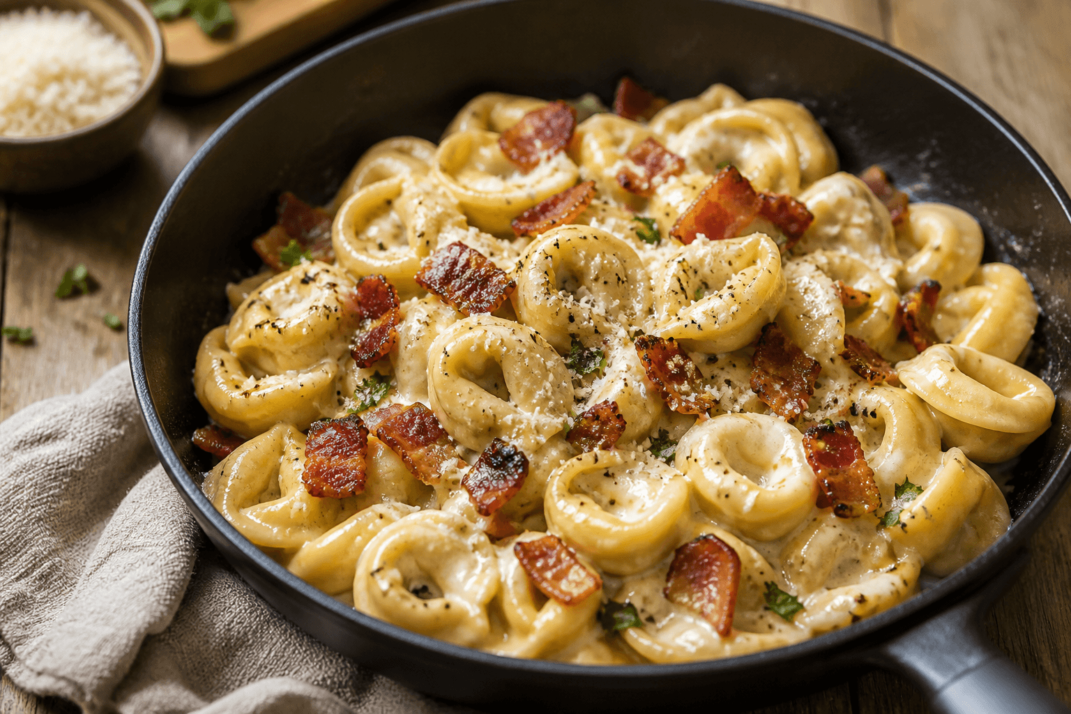 Tortellini i cremet flødesovs med bacon på pande