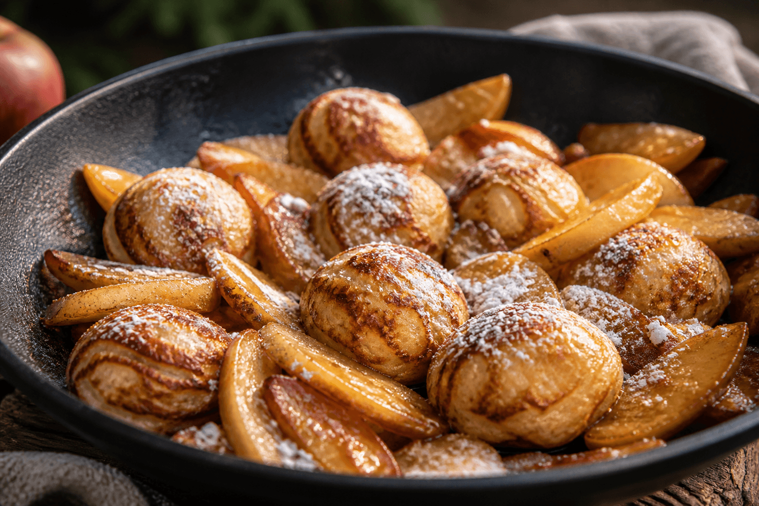 Varme æbleskiver som klattekager på pande med æble