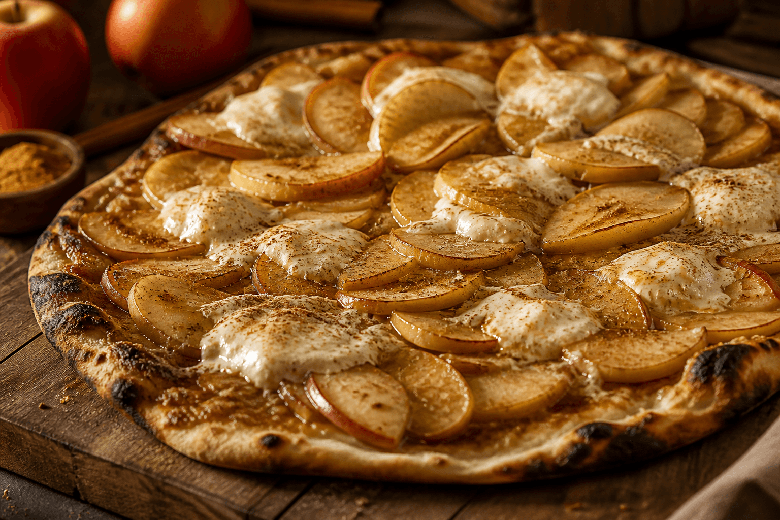 Pizza med bagte æbler, kanel og mascarpone