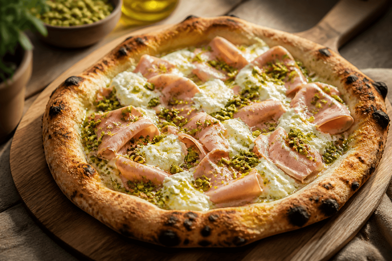 Pizza med mortadella, pistaciepesto og burrata