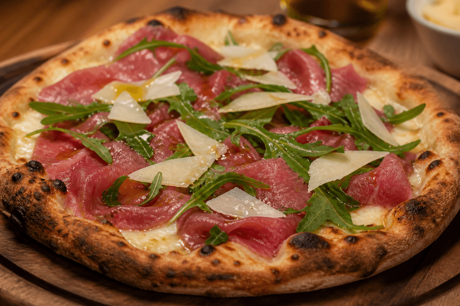 Hvid pizza toppet med carpaccio, rucola og parmesan