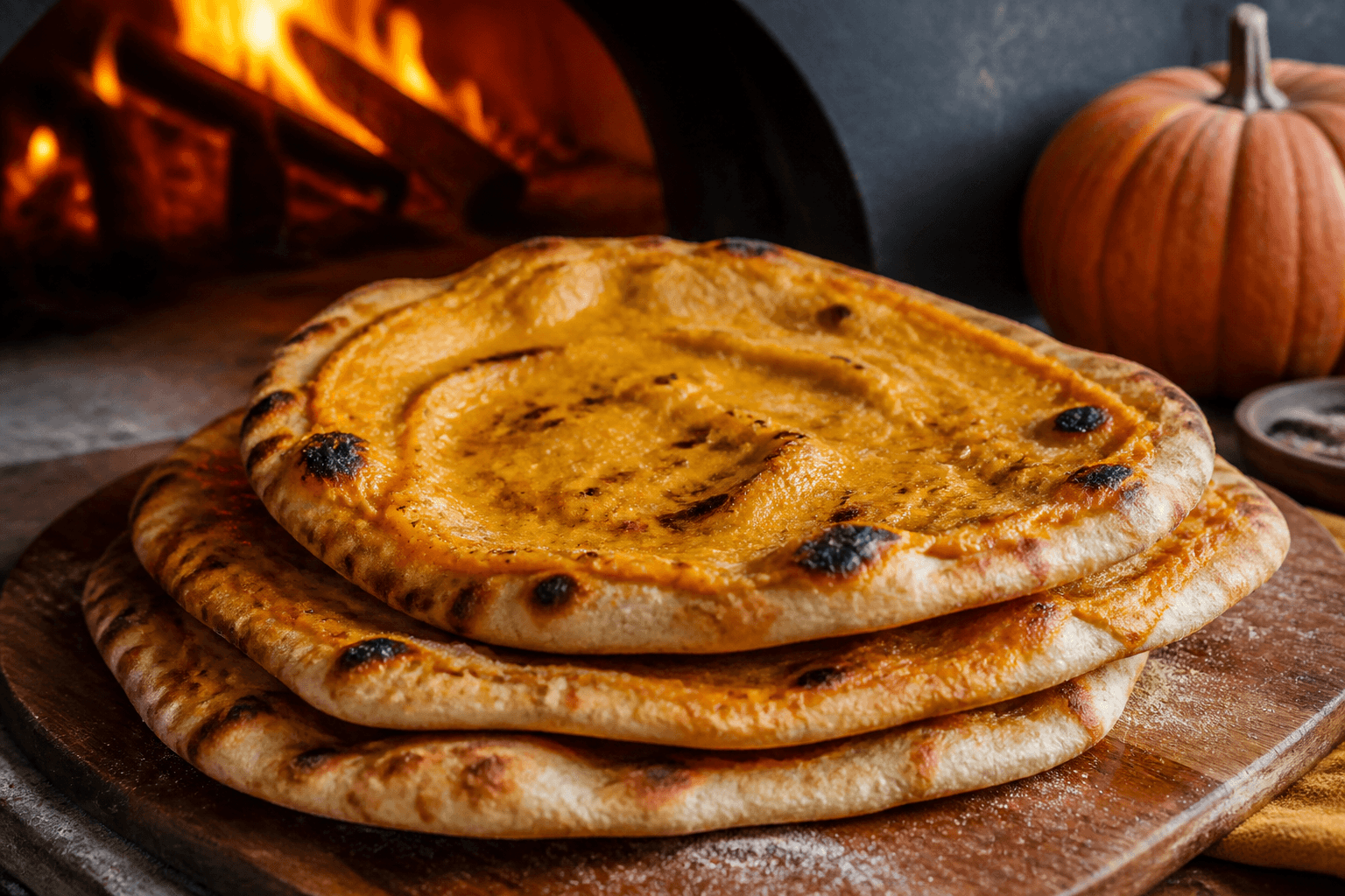 Orange græskar-fladbrød med char-pletter fra pizzaovnen
