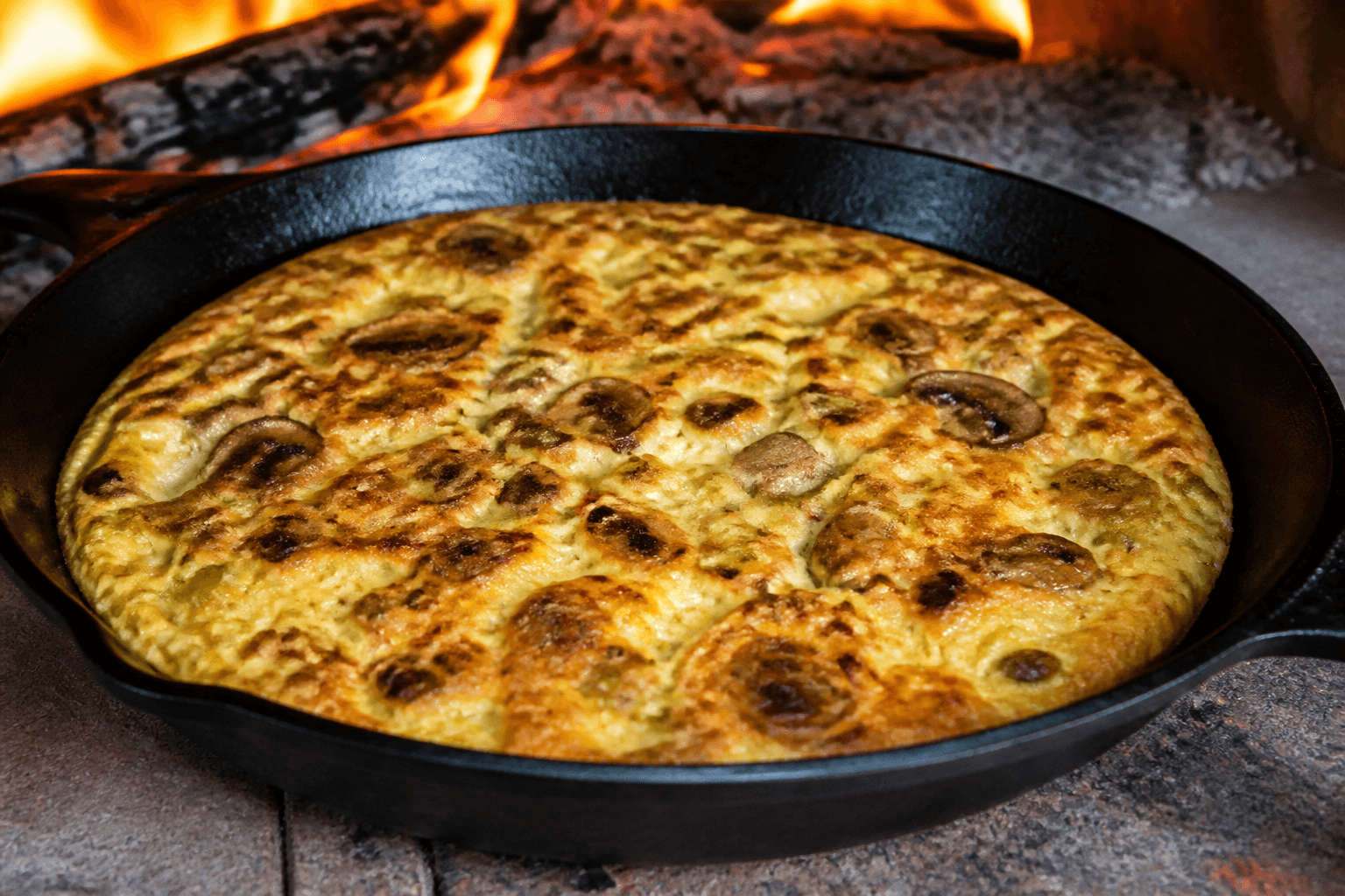 Gylden hytteost-frittata med svampe og porrer i støbejern