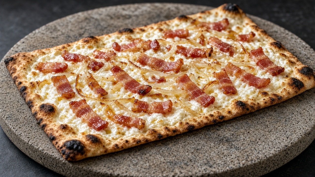 Tynd hytteost-tarte flambée med bacon og løg