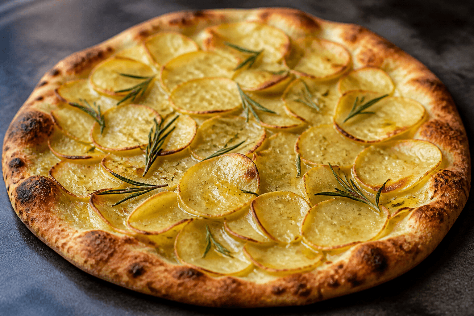 Kartoffelpizza med tynde skiver, rosmarin og havsalt