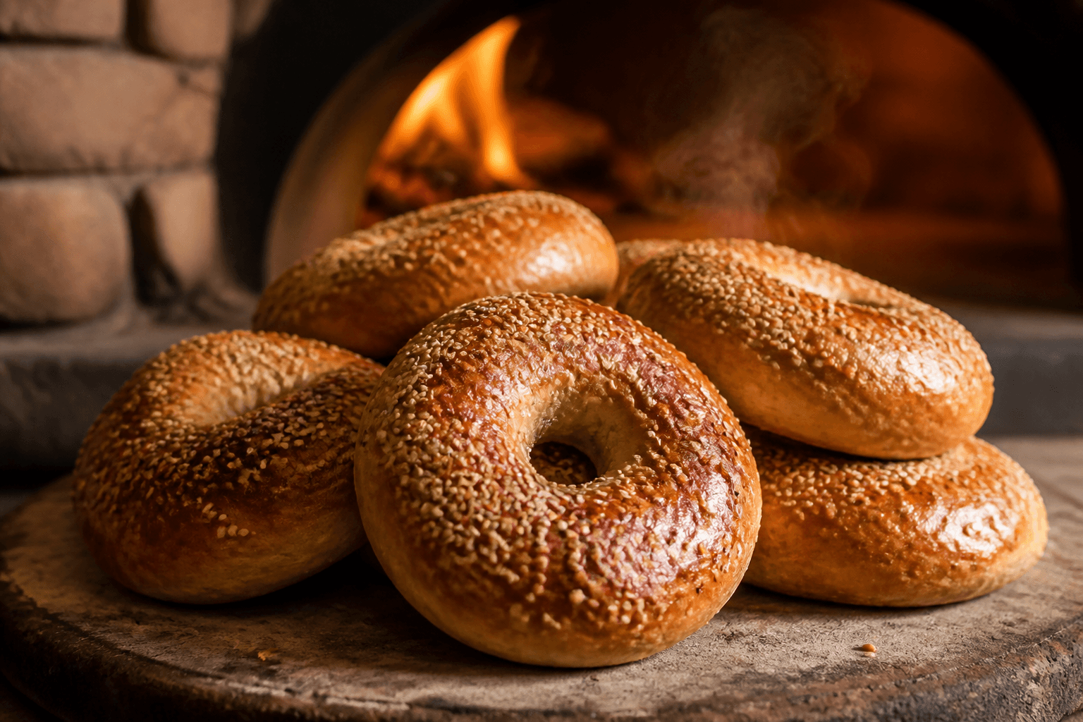 Blanke bagels med sesam bagt på sten i pizzaovn