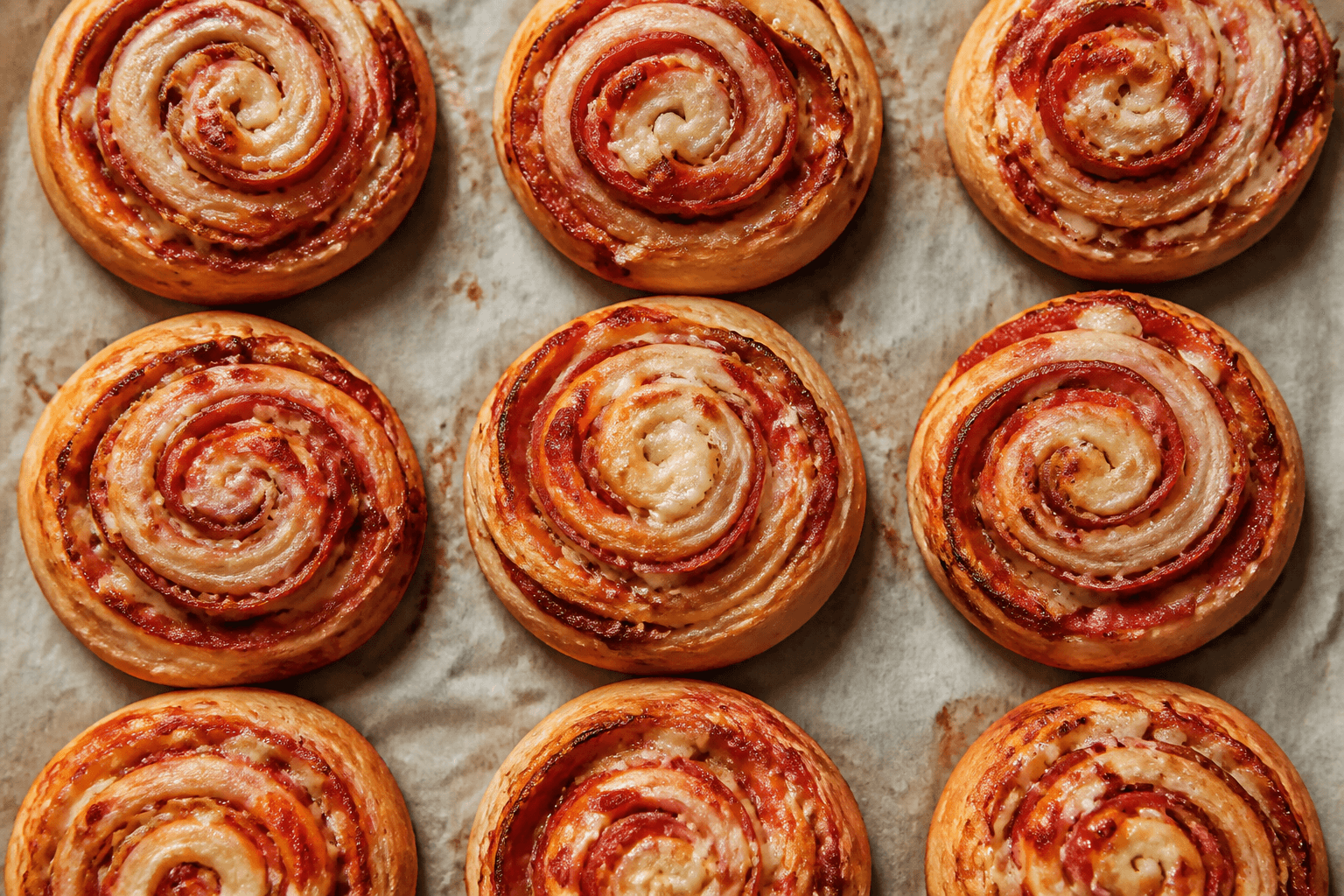 Pizza pinwheels med pepperoni og sprøde kanter