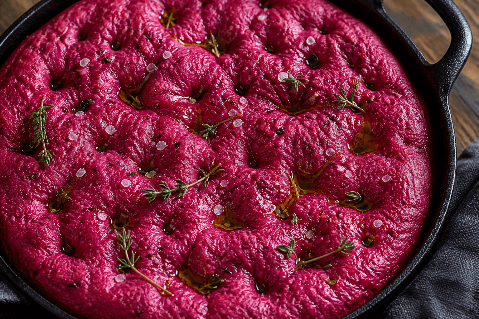 Lilla rødbede-focaccia med timian og havsalt