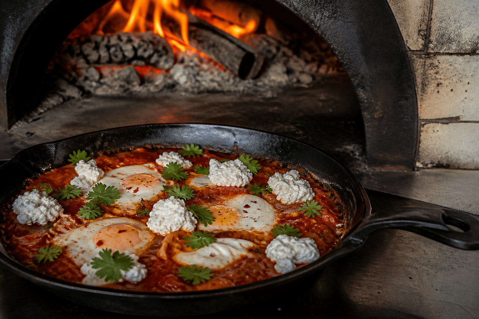 Shakshuka i støbejern med æg og klatter hytteost