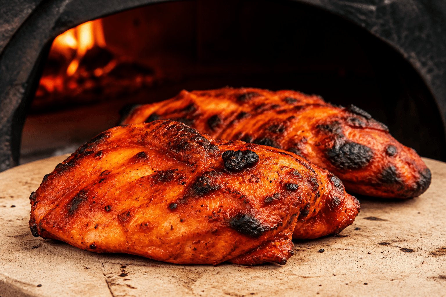 Tandoori-kyllingebryst med sveden skorpe fra pizzaovnen