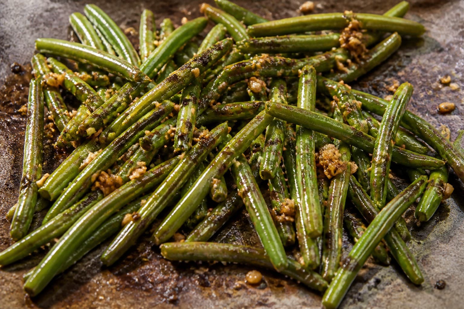 Asiatiske garlic green beans rynkede på plancha