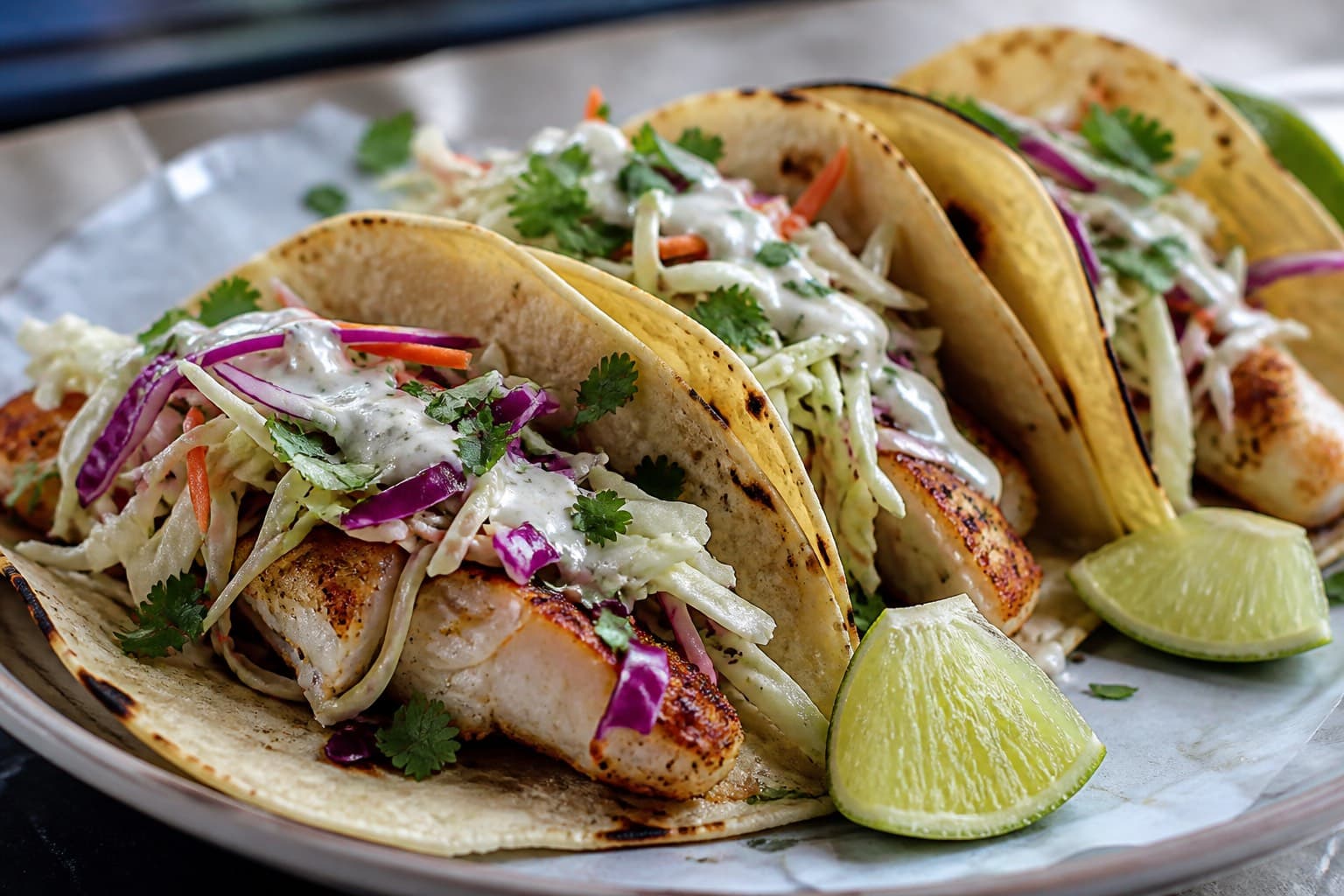 Baja fish tacos med lynstegt hvid fisk på plancha