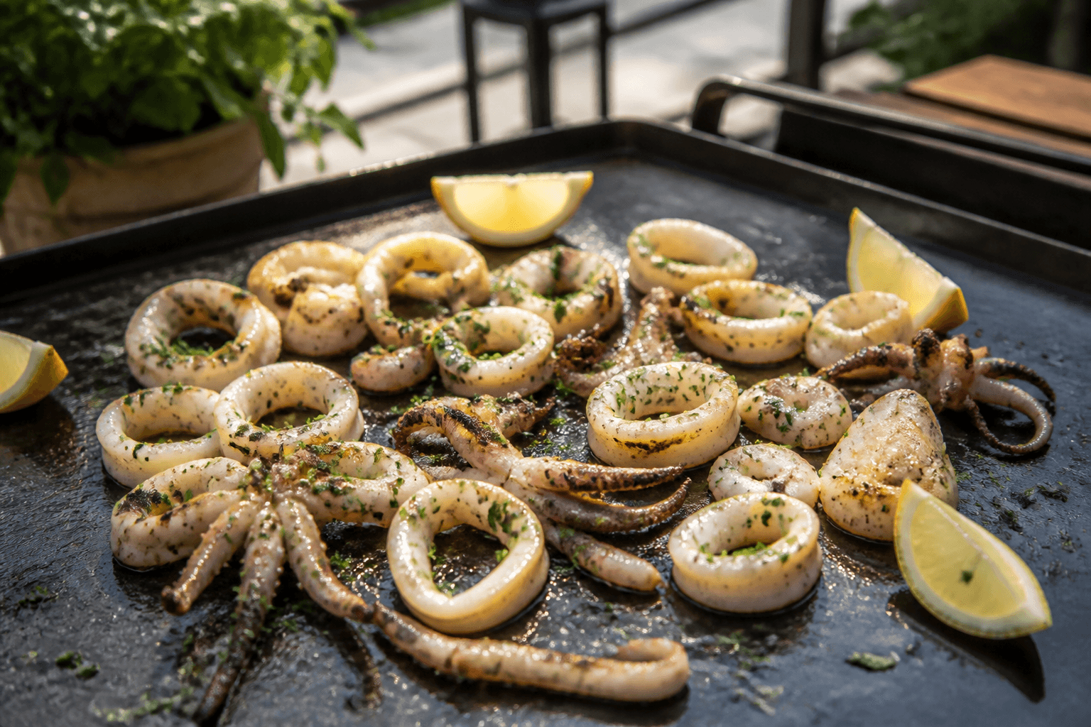 Plancha-stegte blæksprutter med citron og persille
