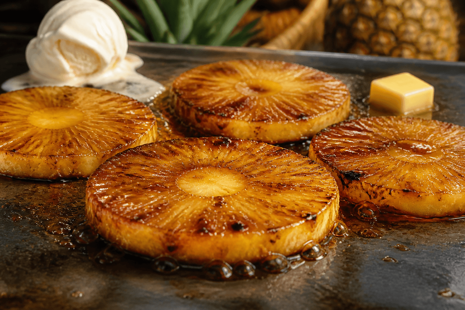 Grillet ananas på plancha med rom og brun farin