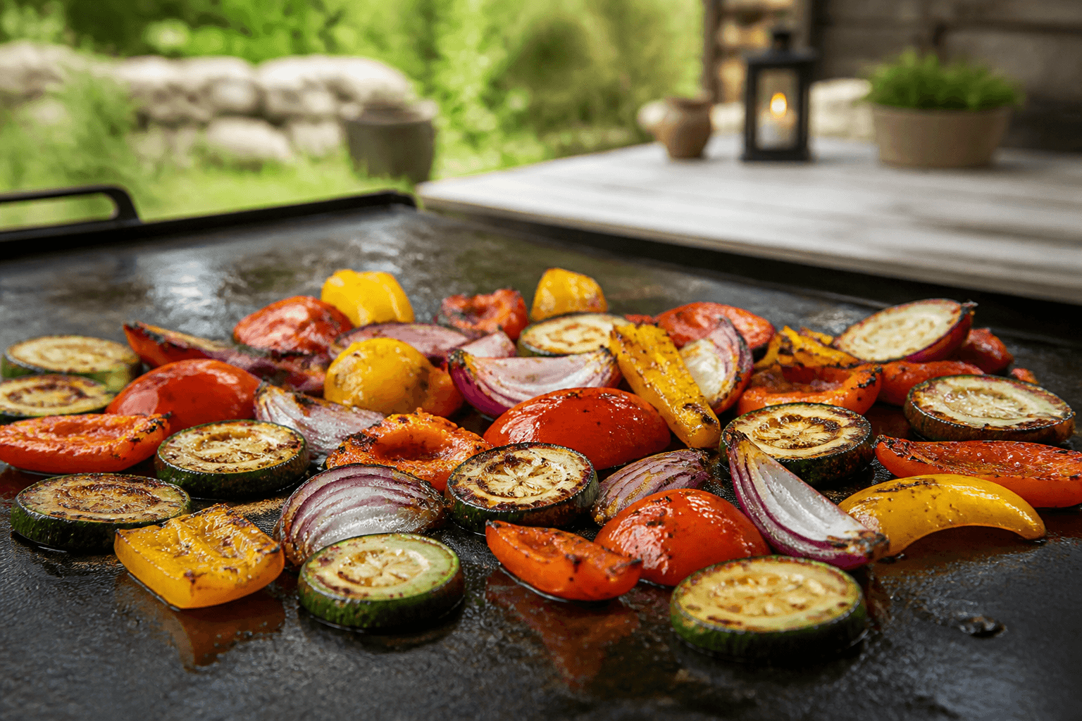 Plancha-stegt grøntsagsmix med squash, peberfrugt og rødløg