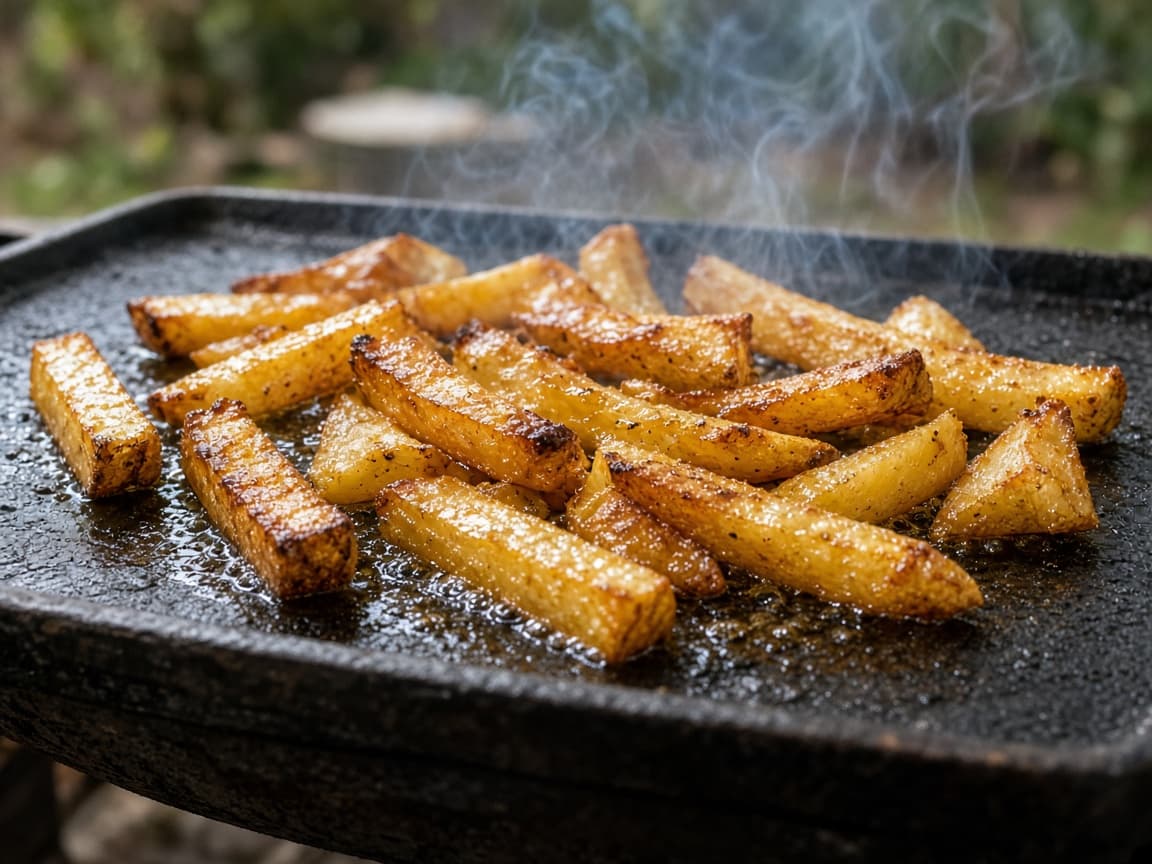Grovfritter stegt på brandvarm plancha med gyldne kanter