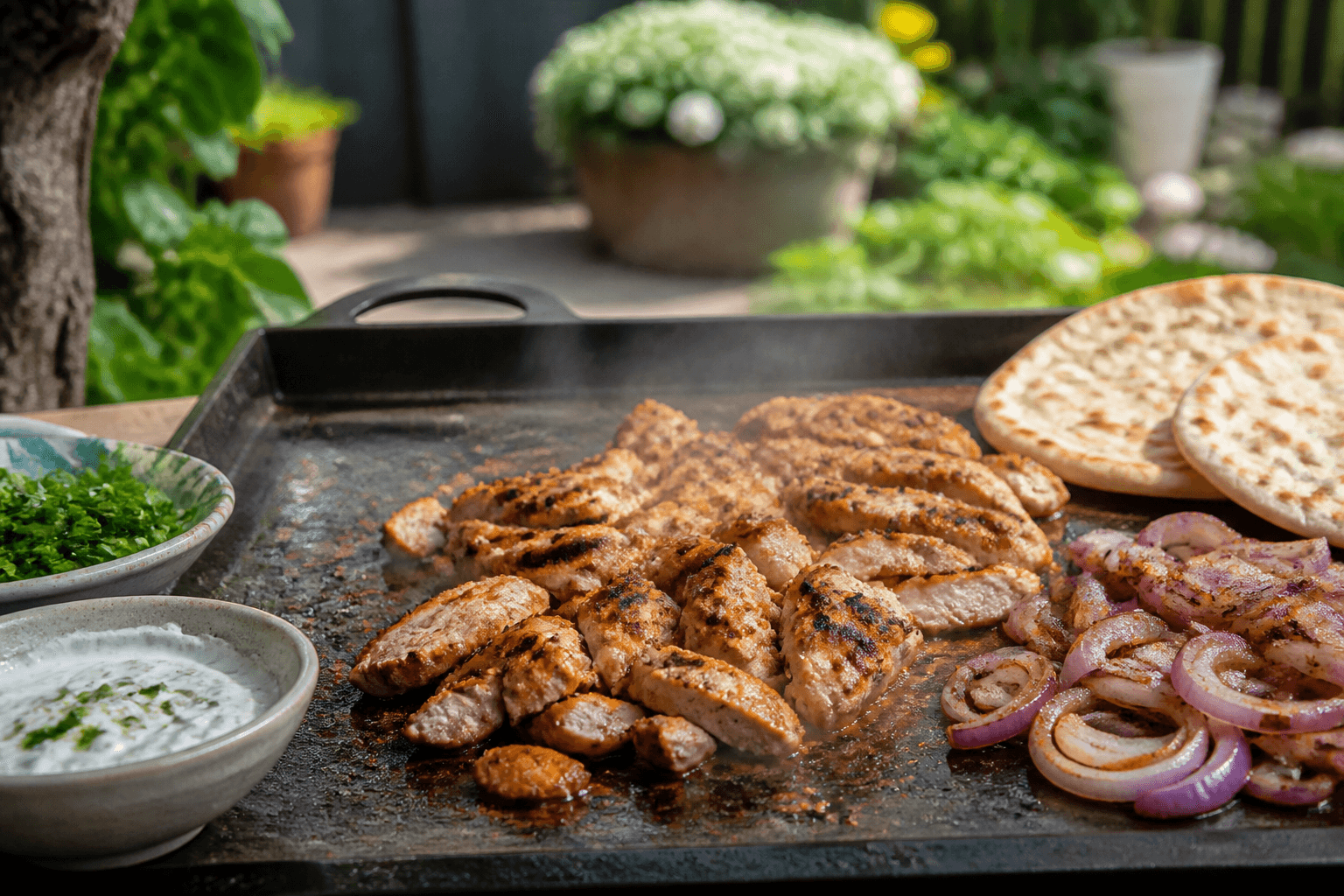 Gyros- og kebabstegte kødstykker på plancha med pita