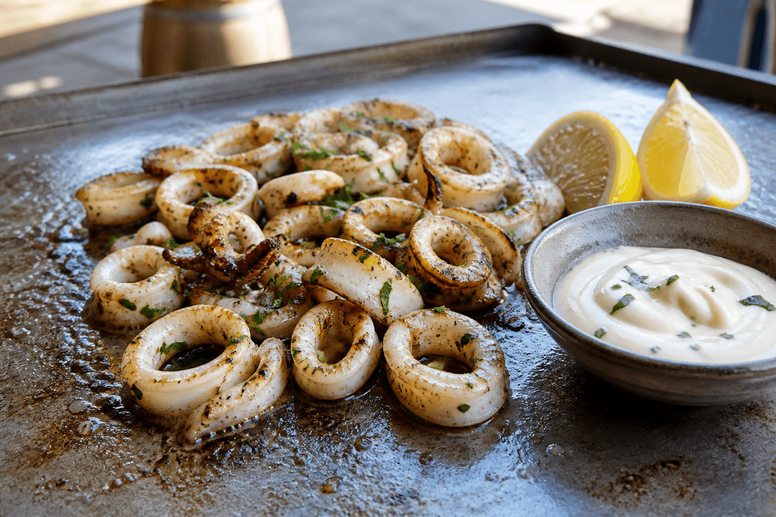 Lynstegte calamares på plancha med aioli