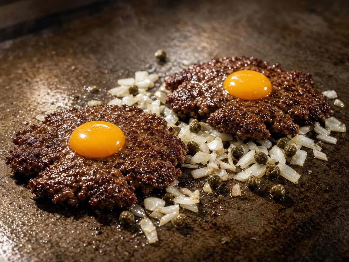 Pariserbøf på plancha med æggeblomme, løg og kapers