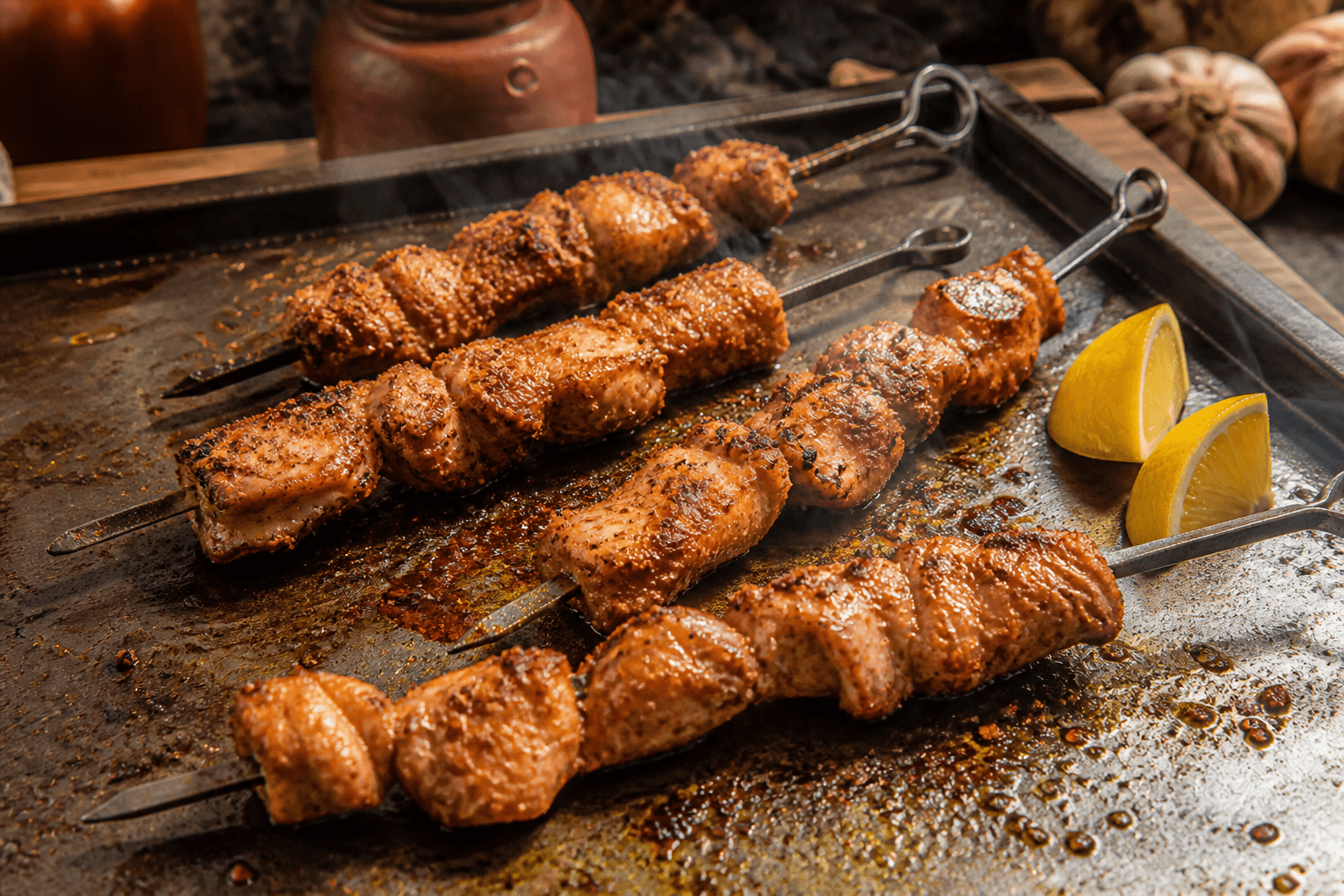 Pinchos morunos — krydrede svinespyd på plancha
