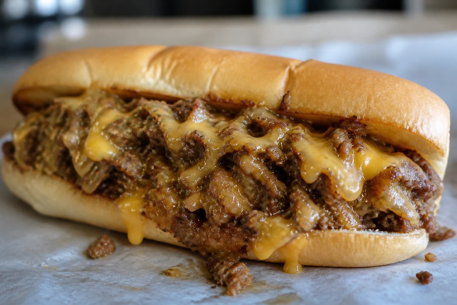 Chopped cheese sandwich med ost og løg på plancha