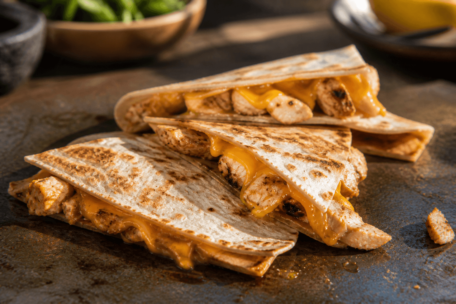 Quesadillas med smeltet cheddar og kylling på plancha