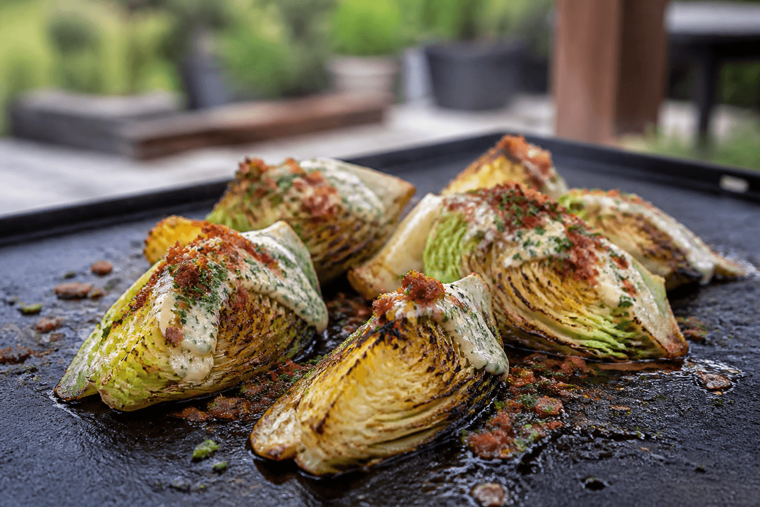 Plancha-stegt spidskål med mormordressing og bacon