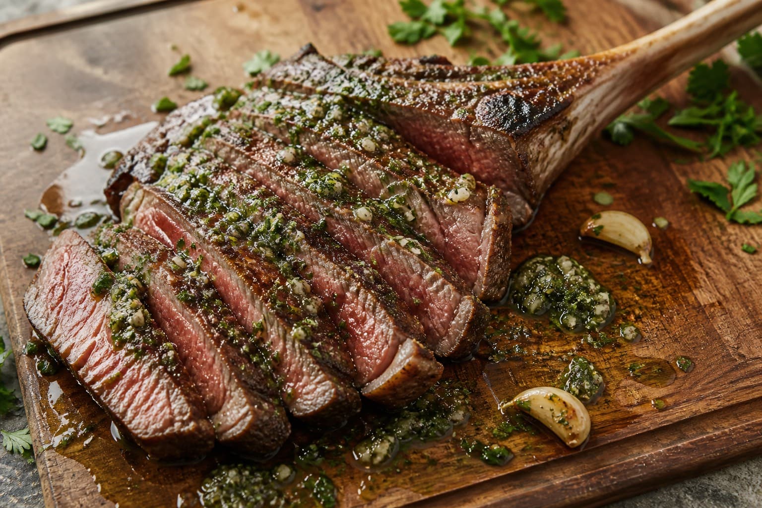 Tomahawk steak skåret med board sauce på skærebræt
