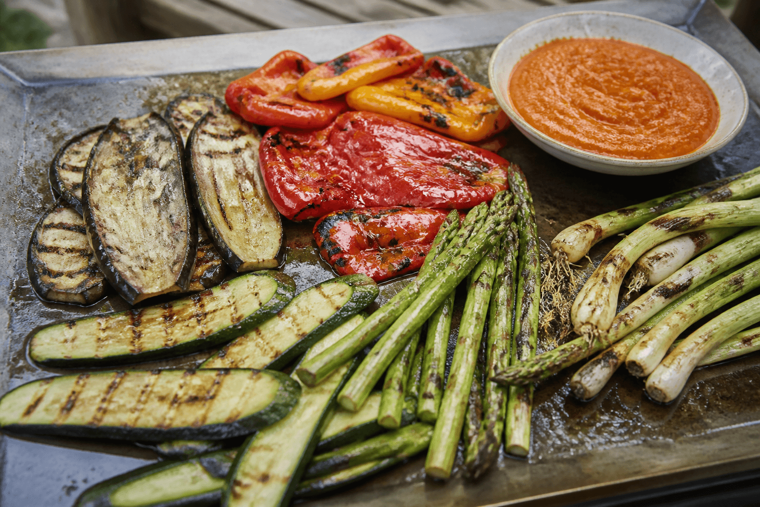 Verduras a la plancha med romescosauce og svedne grøntsager