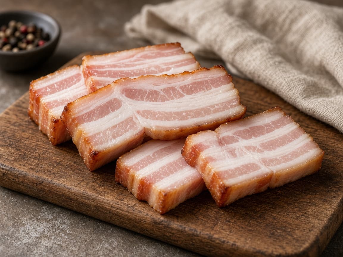 Skiver af hjemmelavet koldrøget bacon på træbræt