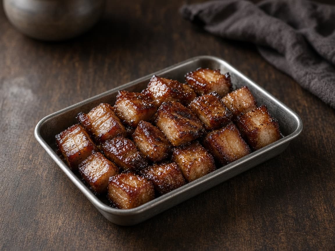 Glaserede pork belly burnt ends i fad