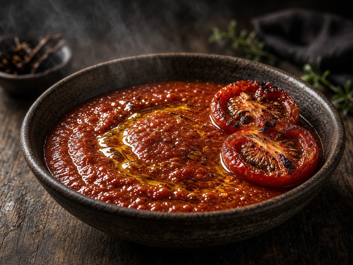 Røget tomatsauce i skål med røgede tomathalvdele ved siden af