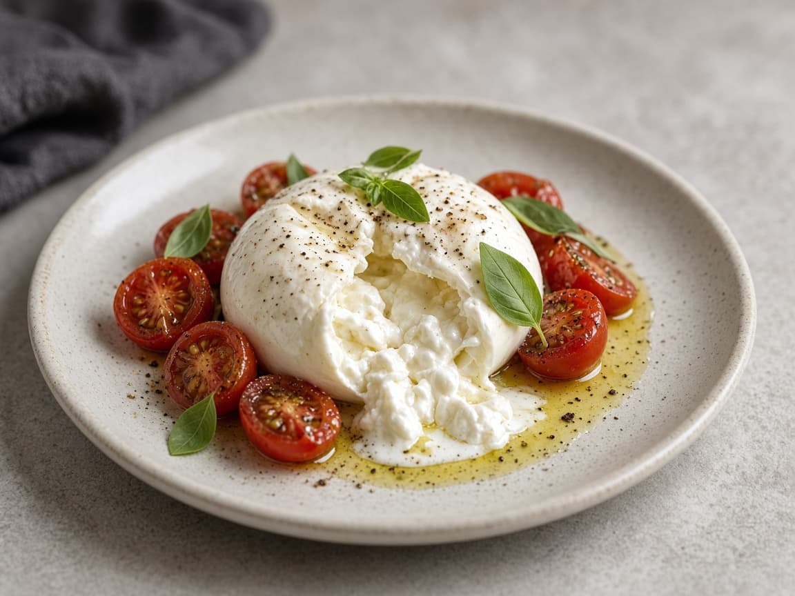 Røget burrata med tomater og olie