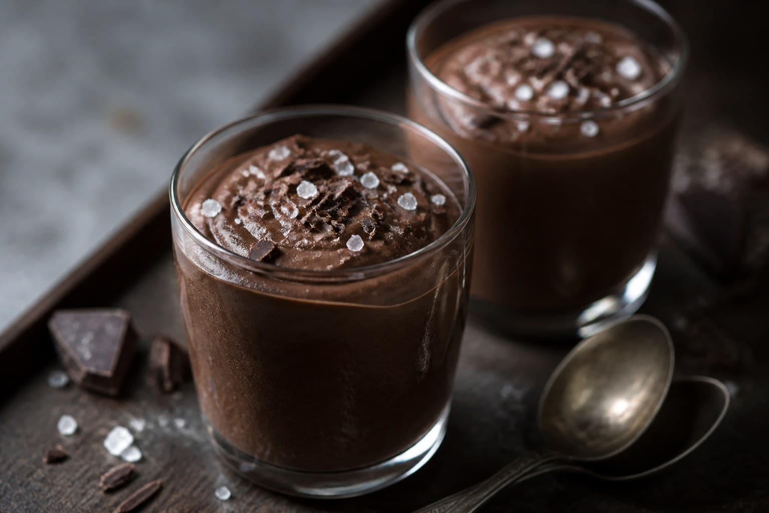 Røget chokolademousse i glas med flagesalt