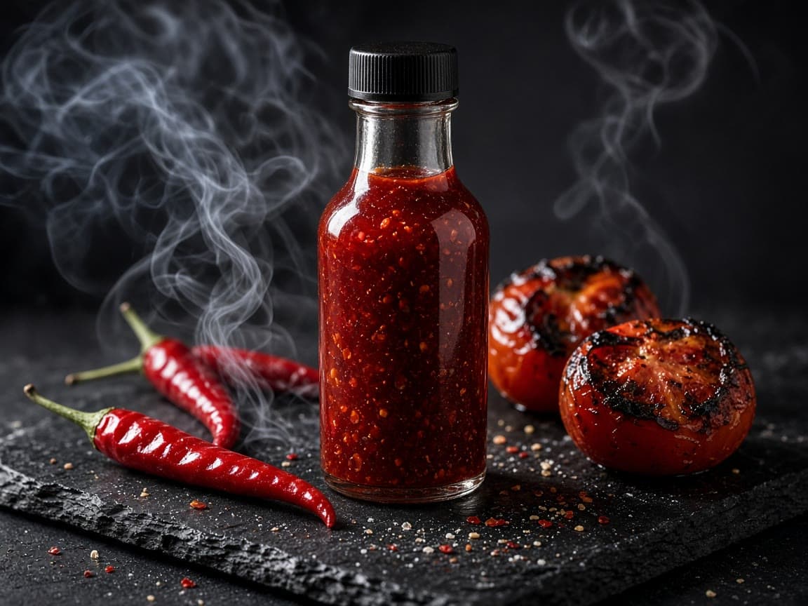 Low-carb røget chilisauce i flaske med røgpistol ved siden af